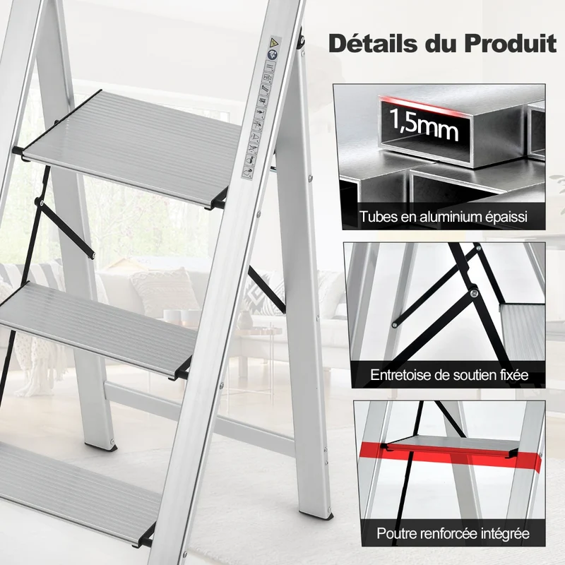 Costway - Escabeau, Escabeau 3 Marches Action, Escabeau Pliable, en Aluminium, Plateforme Large, Marche Antidérapante Pieds en Caoutchouc Charge 150KG