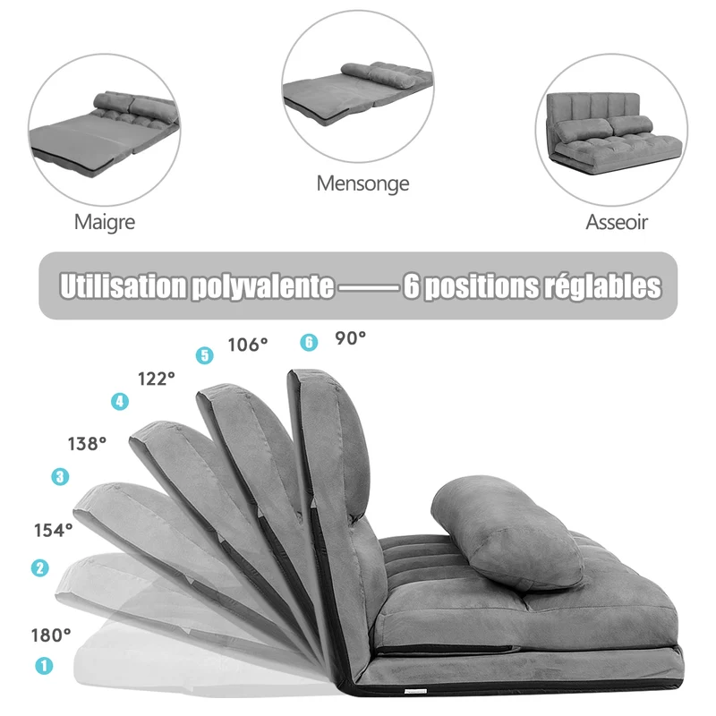 Costway - Canapé lit, Banquette convertible, Canapé lit convertible, 2 Places, Dossier Réglable à 6 Positions Housse Détachable 2 Oreillers, Gris