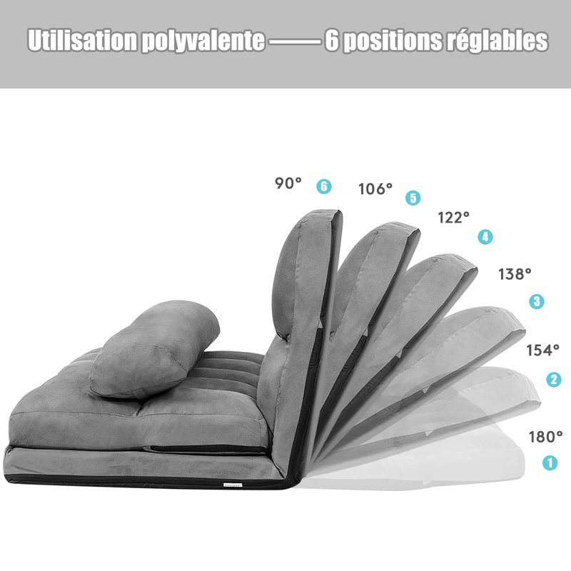 Costway - Canapé lit, Banquette convertible, Canapé lit convertible, 2 Places, Dossier Réglable à 6 Positions Housse Détachable 2 Oreillers, Gris