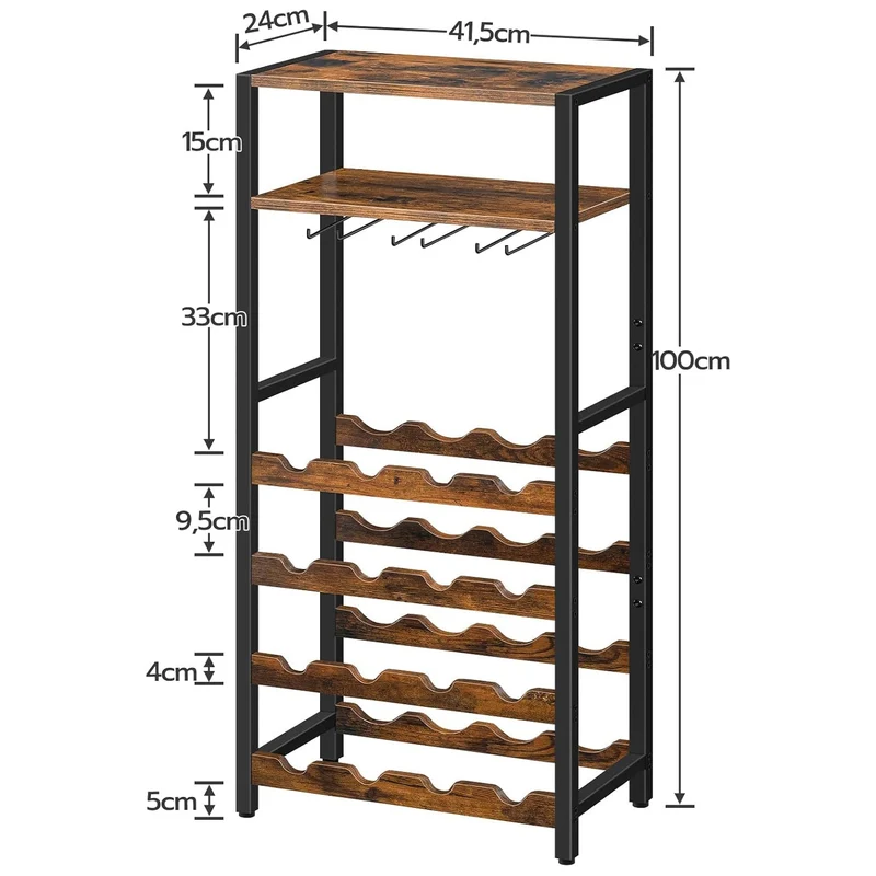 HOOBRO - Étagère à vin, 16 Bouteilles, Porte Bouteille vin, avec Support de Table et gobelet, Range Bouteille à 5 Niveaux, 41,5x24x100 cm, Marron Noir