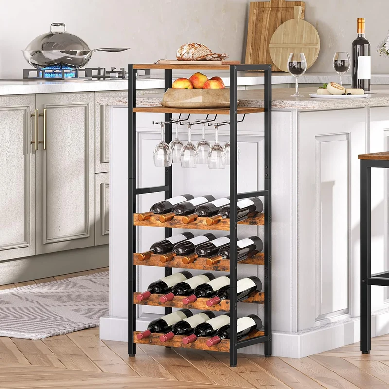 HOOBRO - Étagère à vin, 16 Bouteilles, Porte Bouteille vin, avec Support de Table et gobelet, Range Bouteille à 5 Niveaux, 41,5x24x100 cm, Marron Noir