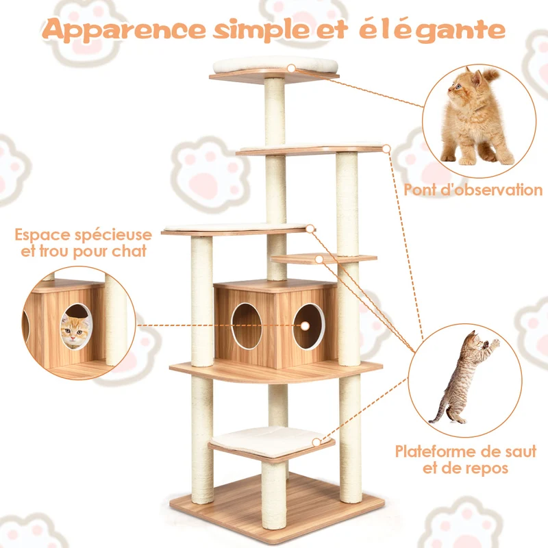 Costway - Arbre à Chat, Griffoir Chat, Arbre à Chat XXL Solide, Hauteur 175cm, avec Plateformes et Colonnes en Sisal Griffoir, Arbre a Chat maine coon