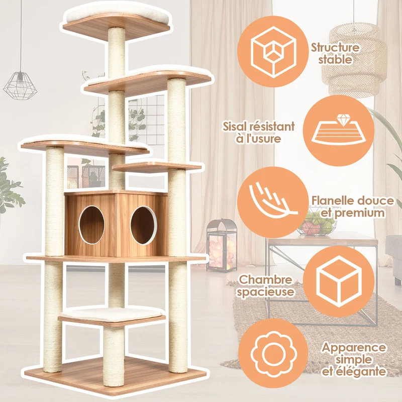 Costway - Arbre à Chat, Griffoir Chat, Arbre à Chat XXL Solide, Hauteur 175cm, avec Plateformes et Colonnes en Sisal Griffoir, Arbre a Chat maine coon