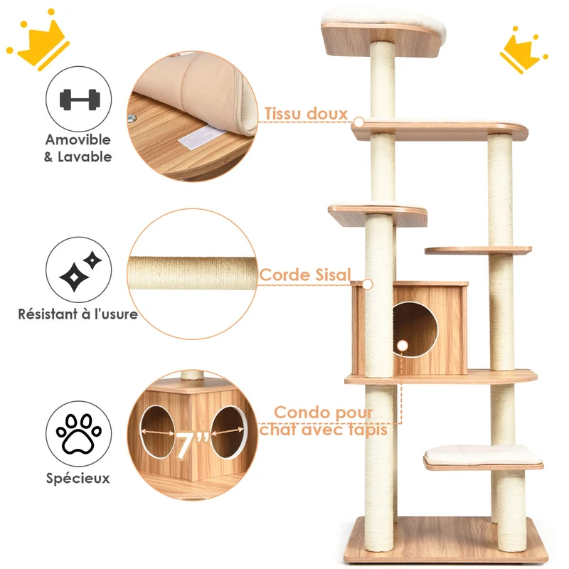 Costway - Arbre à Chat, Griffoir Chat, Arbre à Chat XXL Solide, Hauteur 175cm, avec Plateformes et Colonnes en Sisal Griffoir, Arbre a Chat maine coon