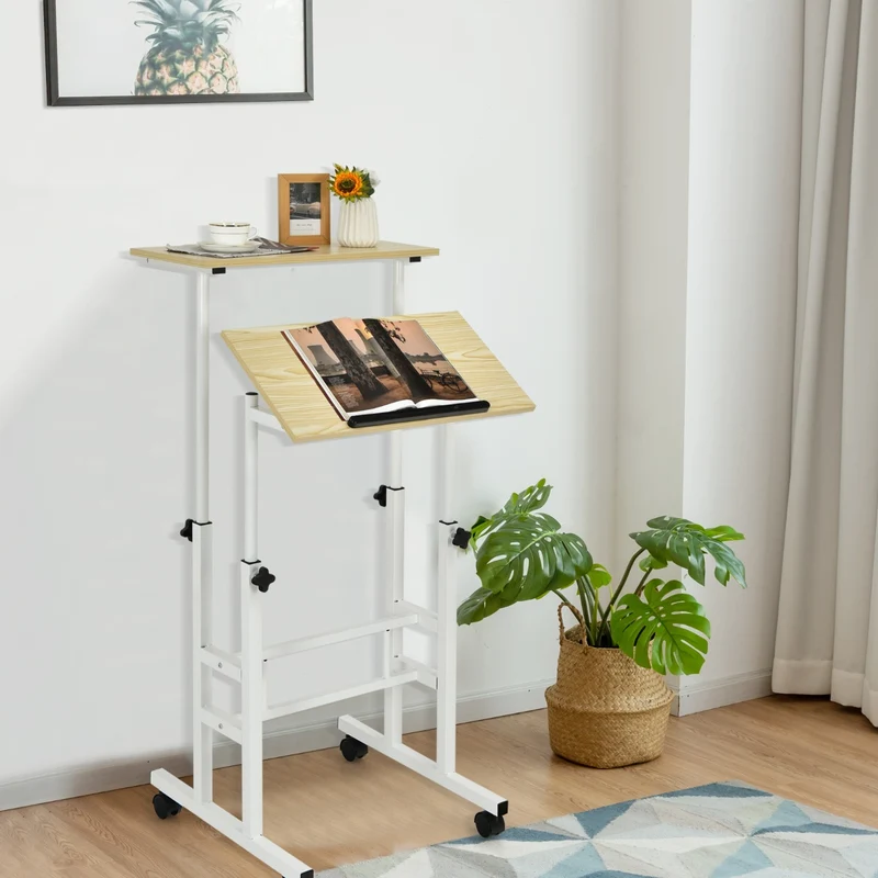 Costway - Bureau Assis Debout à Roulettes, Bureau Ordinateur, Bureau Informatique, Bureau Moderne, Hauteur Réglable 72-124 cm, Natrurel