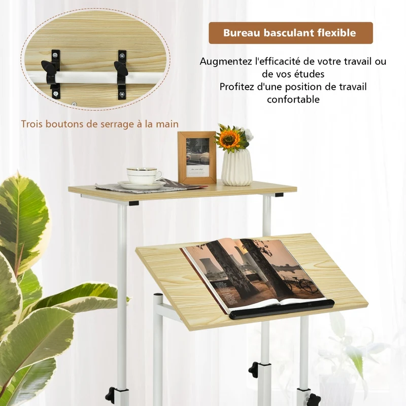 Costway - Bureau Assis Debout à Roulettes, Bureau Ordinateur, Bureau Informatique, Bureau Moderne, Hauteur Réglable 72-124 cm, Natrurel