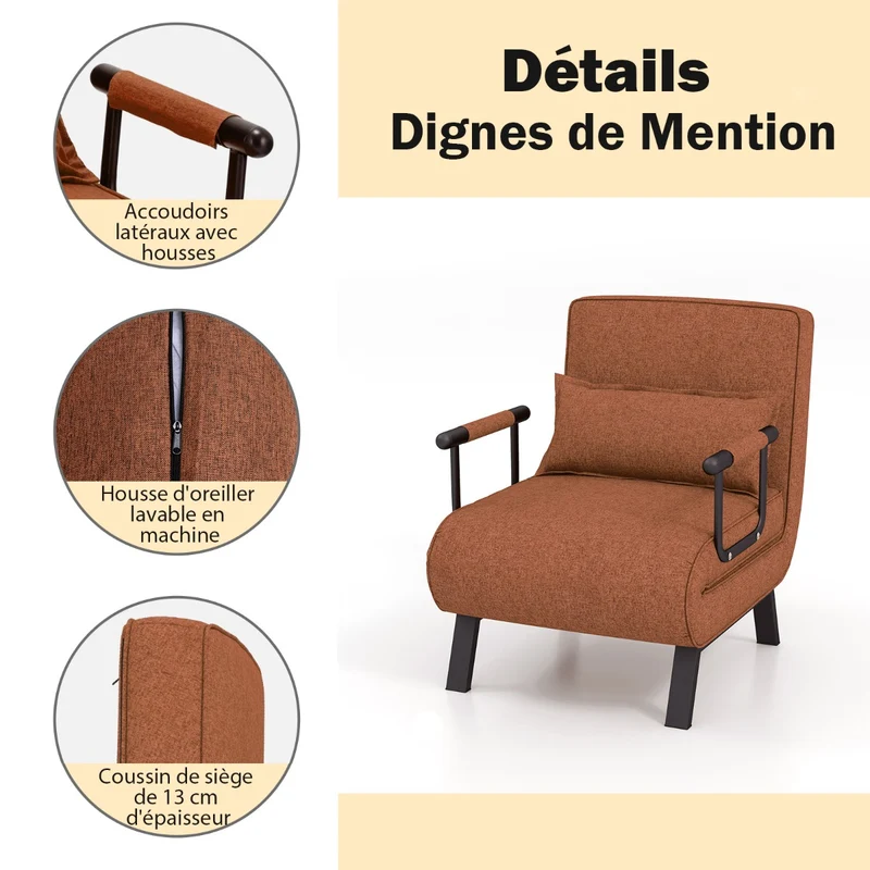 Costway - Fauteuil convertible 4 en 1, canapé-lit 1 place, dossier réglable en 6 positions, avec oreiller, café