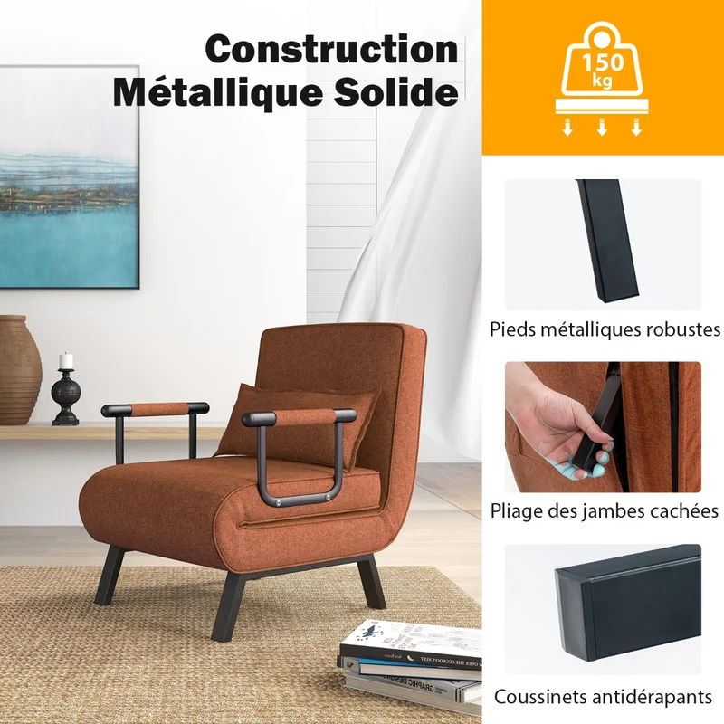 Costway - Fauteuil convertible 4 en 1, canapé-lit 1 place, dossier réglable en 6 positions, avec oreiller, café