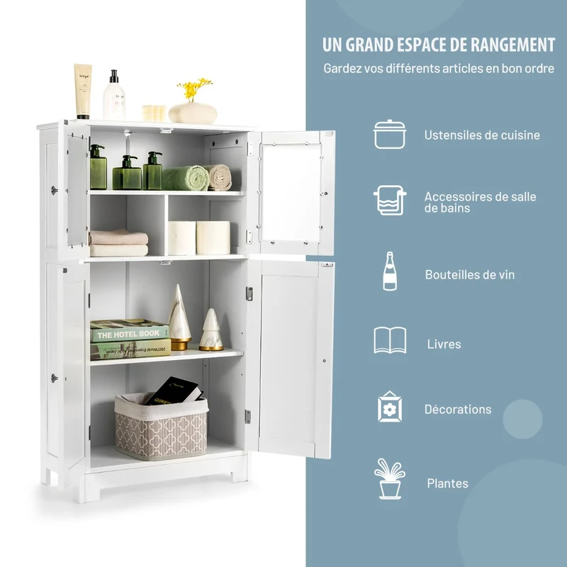 Costway - Armoire salle de bain, Meuble Rangement salle de bain, Armoire WC, Meuble de Salle de Bain, avec Etagère Réglable Armoire Polyvalent, Blanc