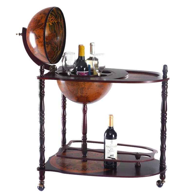 Costway - Bar Globe, Casier a Bouteille, Porte Bouteille Vin, Range Bouteille, Minibar Etagère en bois Bar roulant avec étagère, Vintage, Marron
