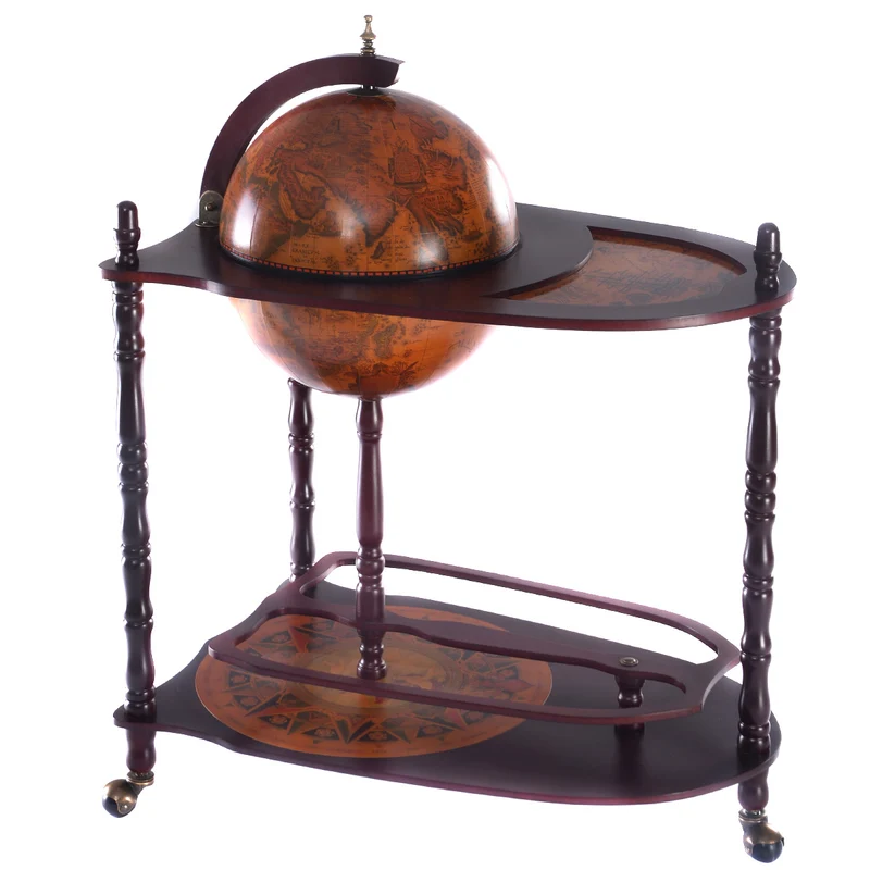 Costway - Bar Globe, Casier a Bouteille, Porte Bouteille Vin, Range Bouteille, Minibar Etagère en bois Bar roulant avec étagère, Vintage, Marron