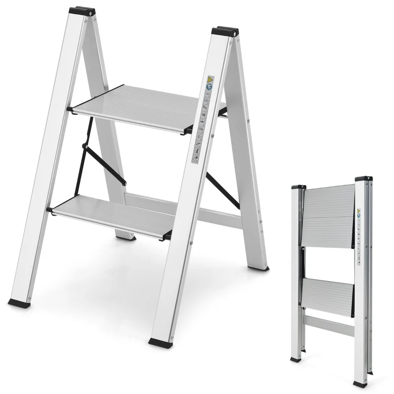 Costway - Escabeau, Escabeau Pliable, Marchepied Pliable 2 Marches, Aluminium, Plateforme Large Marche Antidérapante Pieds en Caoutchouc Charge 150KG