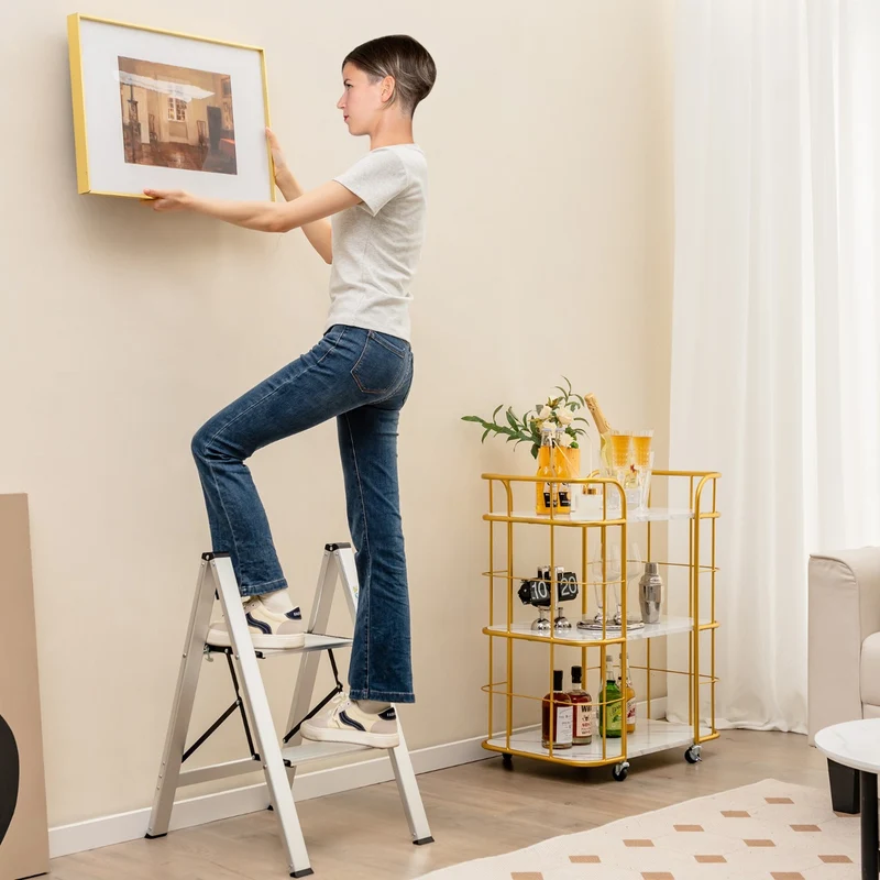 Costway - Escabeau, Escabeau Pliable, Marchepied Pliable 2 Marches, Aluminium, Plateforme Large Marche Antidérapante Pieds en Caoutchouc Charge 150KG
