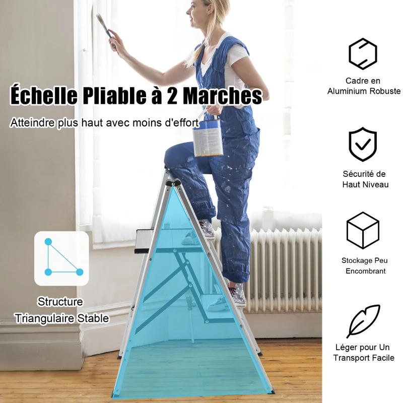 Costway - Escabeau, Escabeau Pliable, Marchepied Pliable 2 Marches, Aluminium, Plateforme Large Marche Antidérapante Pieds en Caoutchouc Charge 150KG
