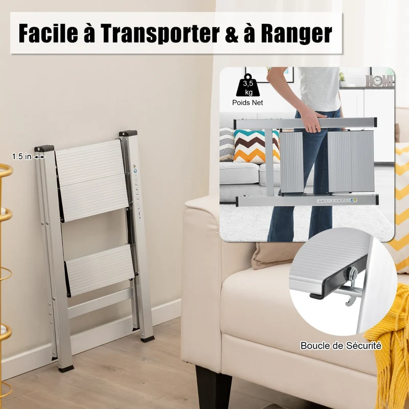 Costway - Escabeau, Escabeau Pliable, Marchepied Pliable 2 Marches, Aluminium, Plateforme Large Marche Antidérapante Pieds en Caoutchouc Charge 150KG