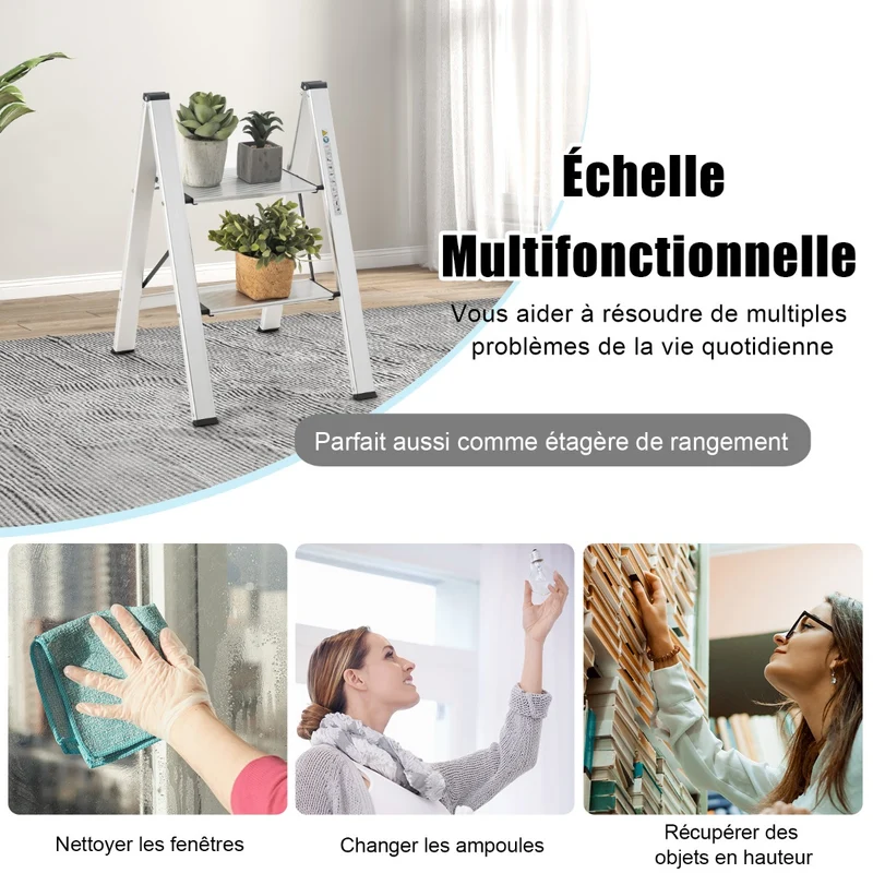 Costway - Escabeau, Escabeau Pliable, Marchepied Pliable 2 Marches, Aluminium, Plateforme Large Marche Antidérapante Pieds en Caoutchouc Charge 150KG