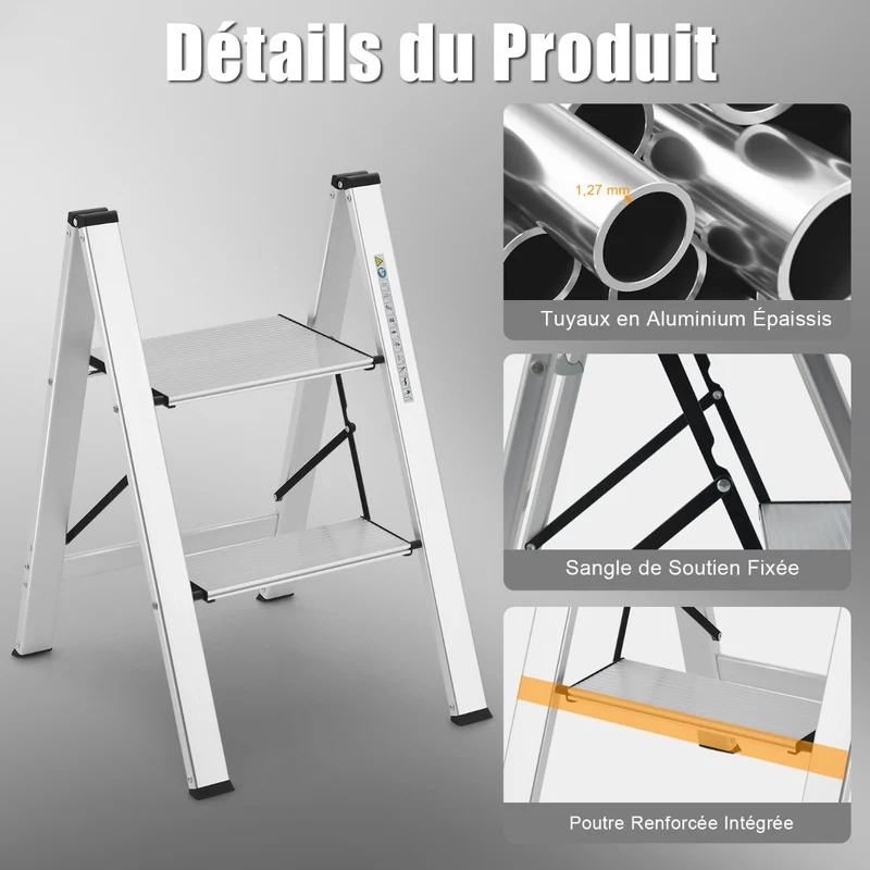 Costway - Escabeau, Escabeau Pliable, Marchepied Pliable 2 Marches, Aluminium, Plateforme Large Marche Antidérapante Pieds en Caoutchouc Charge 150KG