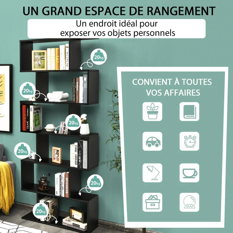 Costway - Étagère bibliothèque 6 niveaux, étagère de rangement en forme de S, 80 × 23 × 191 cm, noire