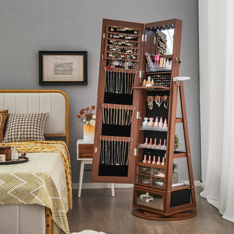 Costway - Armoire a Bijoux, Miroir Bijoux, Armoire Bijoux, Pivotante à 360°Miroir Pleine Longueur Lumières LED Etagère 3 Niveaux, Marron