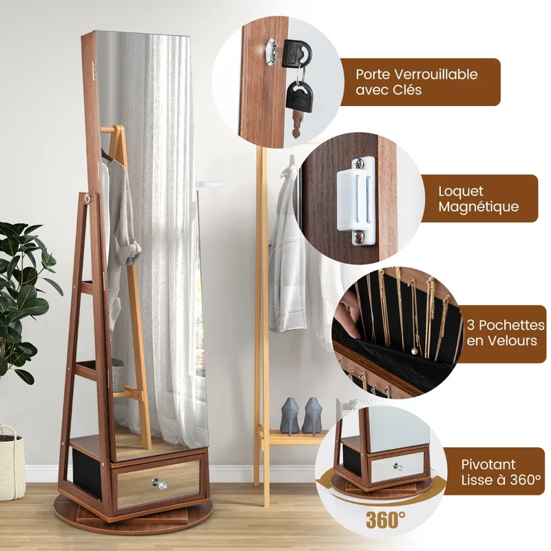 Costway - Armoire a Bijoux, Miroir Bijoux, Armoire Bijoux, Pivotante à 360°Miroir Pleine Longueur Lumières LED Etagère 3 Niveaux, Marron