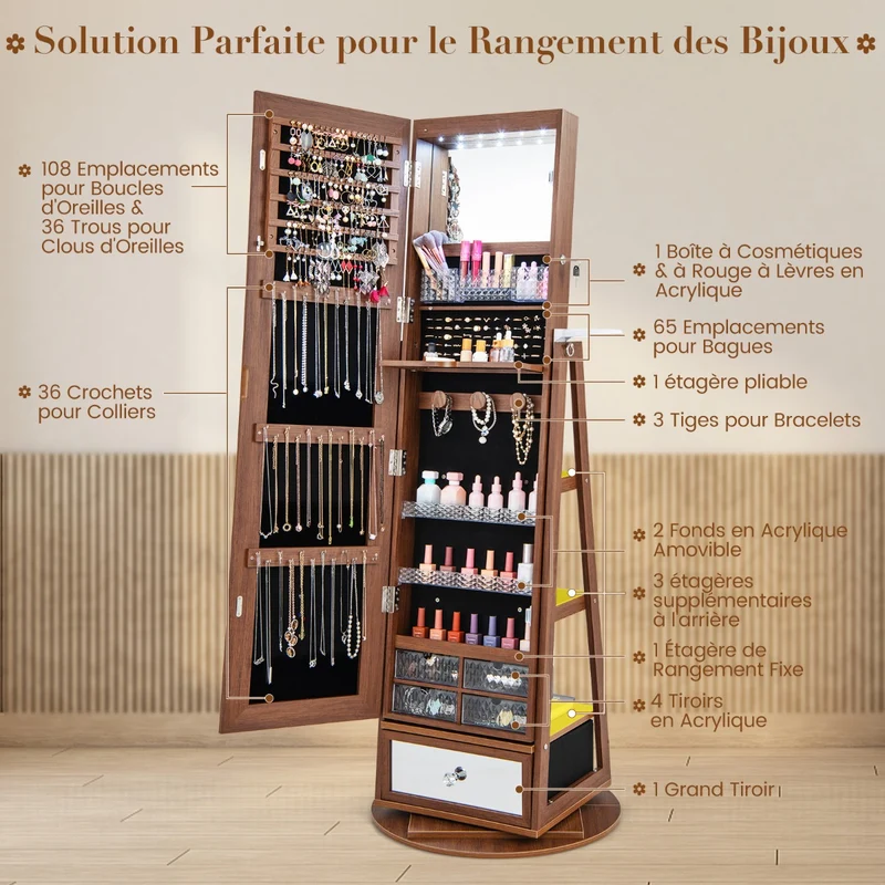 Costway - Armoire a Bijoux, Miroir Bijoux, Armoire Bijoux, Pivotante à 360°Miroir Pleine Longueur Lumières LED Etagère 3 Niveaux, Marron