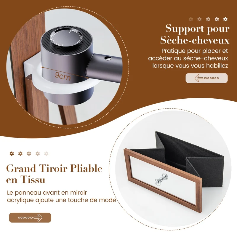 Costway - Armoire a Bijoux, Miroir Bijoux, Armoire Bijoux, Pivotante à 360°Miroir Pleine Longueur Lumières LED Etagère 3 Niveaux, Marron