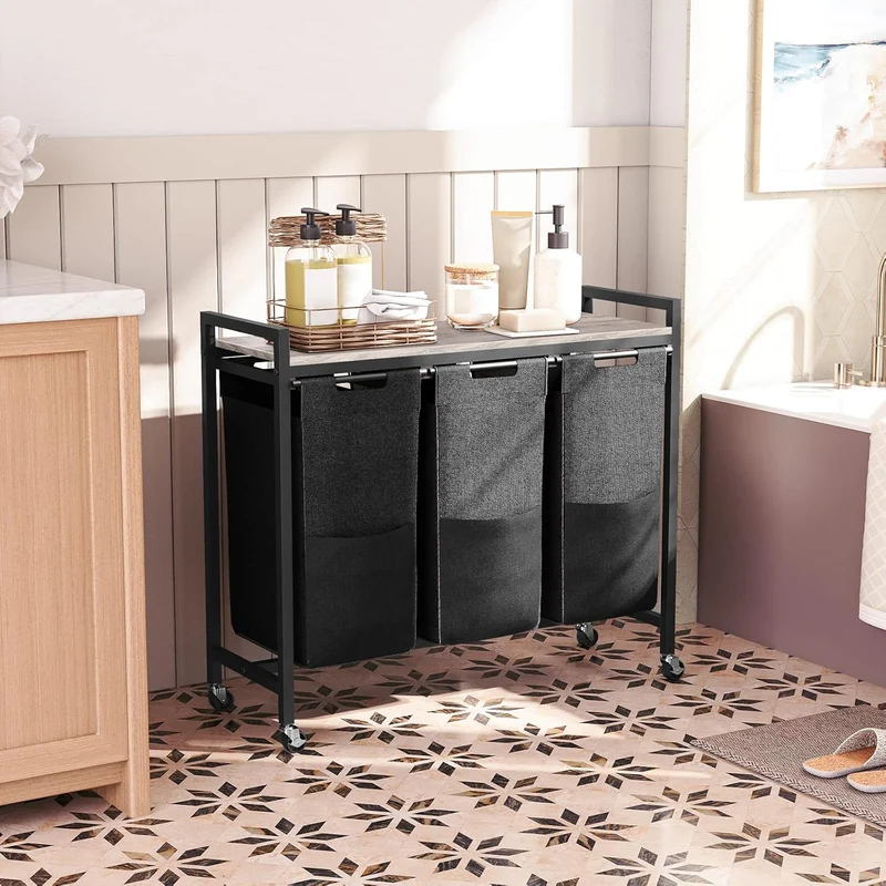 HOOBRO - Panier à Linge, sur Roulette, 3 x 39,8 L, Corbeille à Linge, avec Étagère, 3 Compartiment en Tissu Oxford, Cadre en Métal, Greige-Schwarz