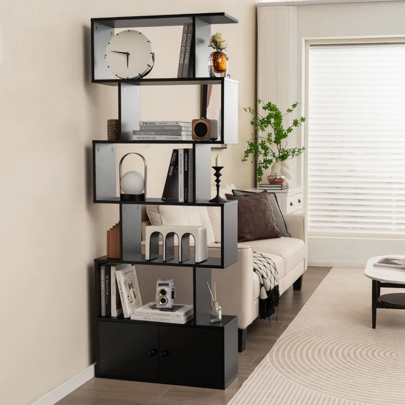 Costway - Étagère Bibliothèque, Etagere de Rangement, Etagere Colonne, Etagere Salon, Échelle en Bois à 6 niveaux avec 2 Portes, Noir
