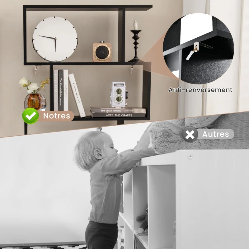 Costway - Étagère Bibliothèque, Etagere de Rangement, Etagere Colonne, Etagere Salon, Échelle en Bois à 6 niveaux avec 2 Portes, Noir