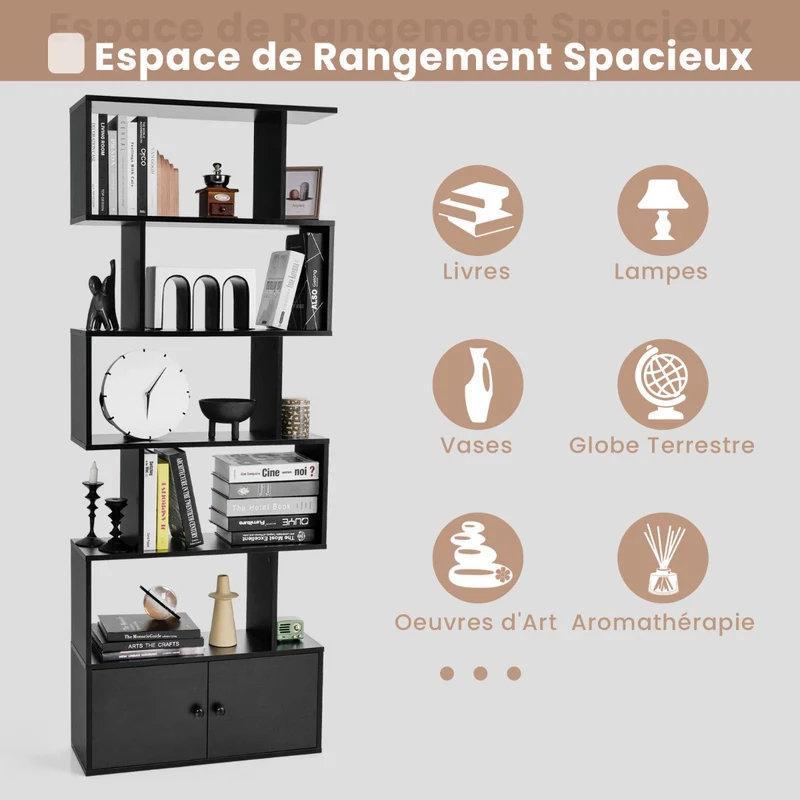 Costway - Étagère Bibliothèque, Etagere de Rangement, Etagere Colonne, Etagere Salon, Échelle en Bois à 6 niveaux avec 2 Portes, Noir