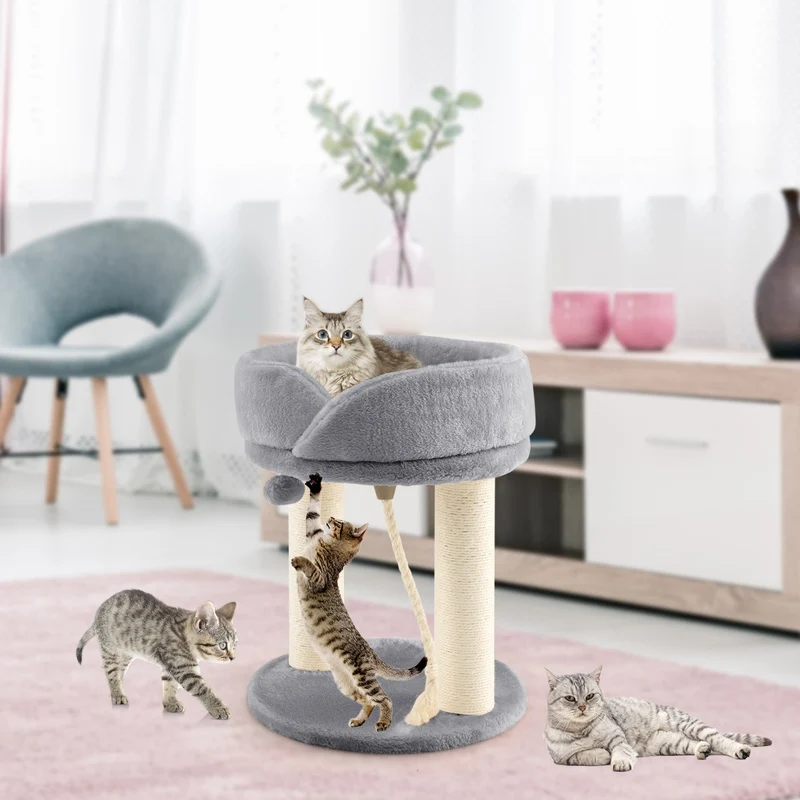 Costway - Arbre à Chat, Griffoir Chat, 2 Plateformes avec Perchoir à Dessus Souple Boule de Fourrure Corde en Sisal, Tour d'Arbre Griffoir, Gris