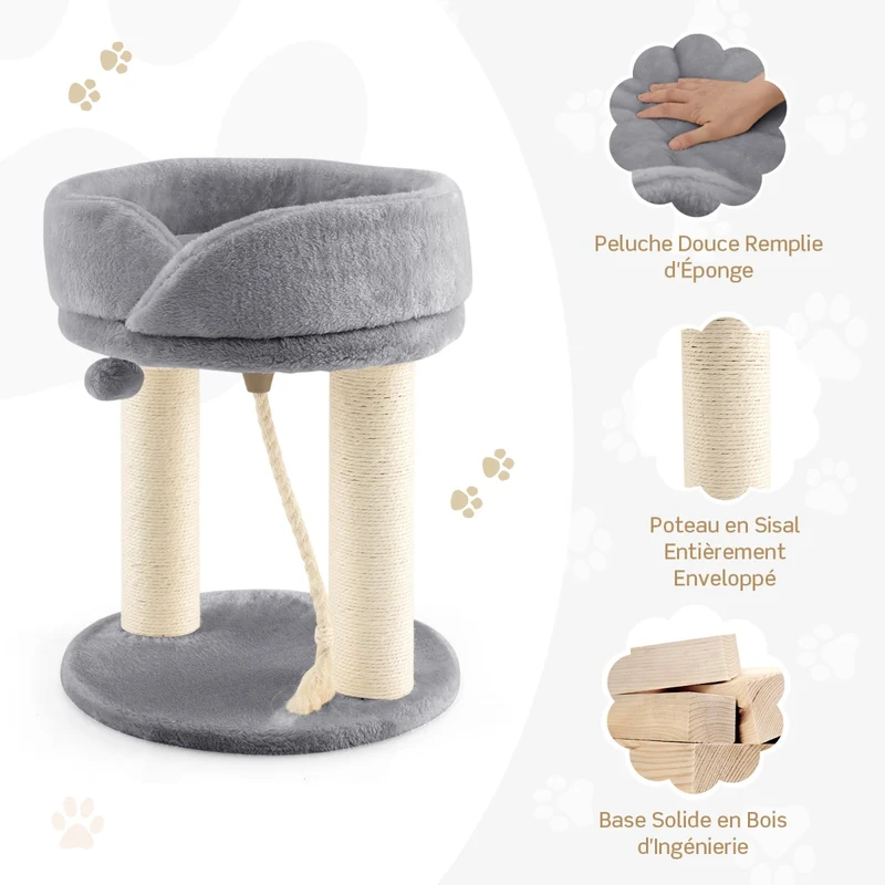 Costway - Arbre à Chat, Griffoir Chat, 2 Plateformes avec Perchoir à Dessus Souple Boule de Fourrure Corde en Sisal, Tour d'Arbre Griffoir, Gris