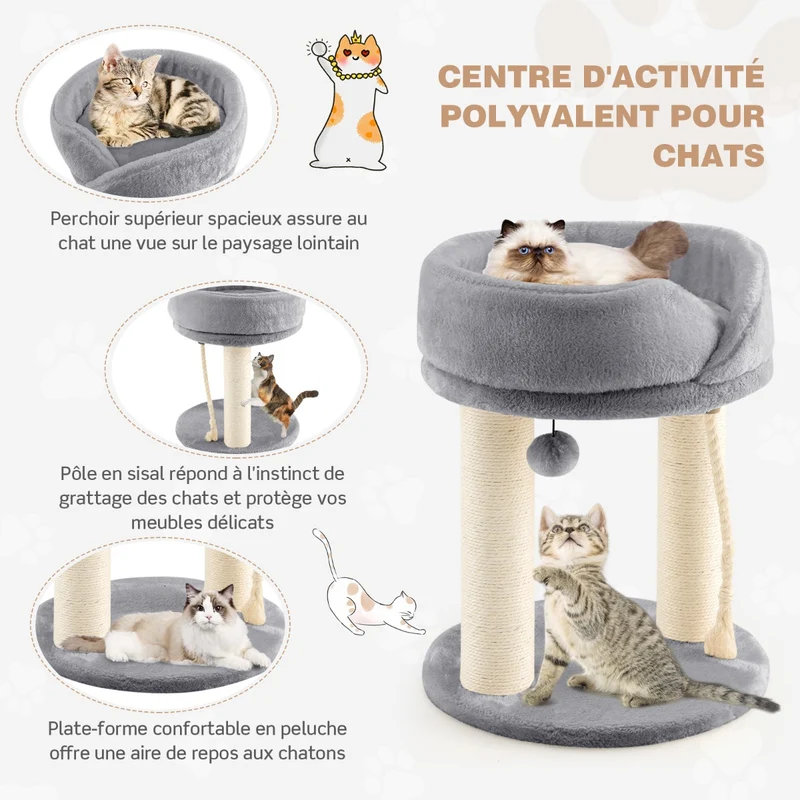 Costway - Arbre à Chat, Griffoir Chat, 2 Plateformes avec Perchoir à Dessus Souple Boule de Fourrure Corde en Sisal, Tour d'Arbre Griffoir, Gris