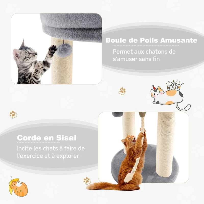 Costway - Arbre à Chat, Griffoir Chat, 2 Plateformes avec Perchoir à Dessus Souple Boule de Fourrure Corde en Sisal, Tour d'Arbre Griffoir, Gris