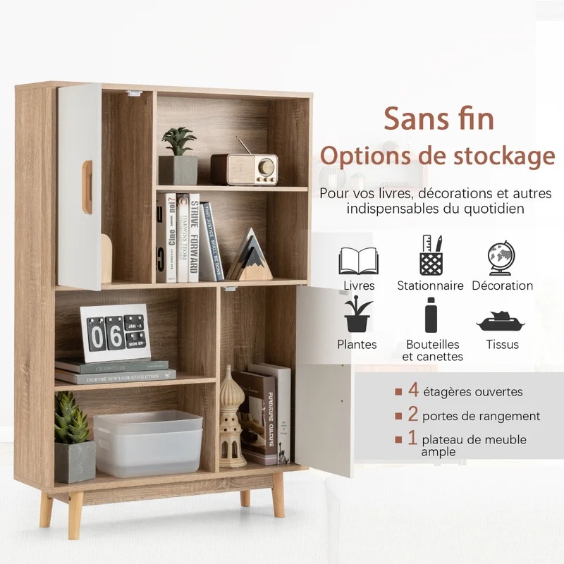 Costway - Étagère Bibliothèque, Meuble Etagere, Etagere de Rangement, 4 Niveaux, avec portes Étagères et Dispositif Anti-basculement, Blanc