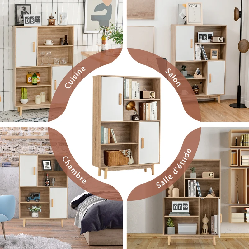 Costway - Étagère Bibliothèque, Meuble Etagere, Etagere de Rangement, 4 Niveaux, avec portes Étagères et Dispositif Anti-basculement, Blanc