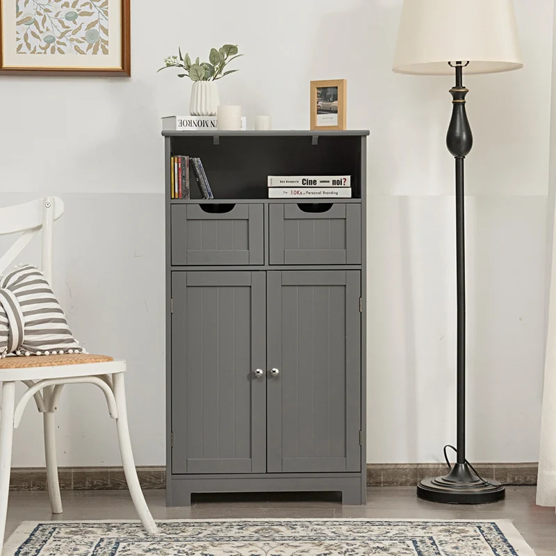 Costway - Armoire salle de bain, Armoire WC, Meuble Rangement salle de bain, Meuble de Salle de Bain, Armoire de toilette, 2 Tiroirs, 2 Portes, Gris