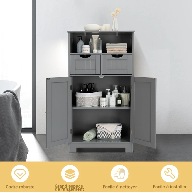 Costway - Armoire salle de bain, Armoire WC, Meuble Rangement salle de bain, Meuble de Salle de Bain, Armoire de toilette, 2 Tiroirs, 2 Portes, Gris