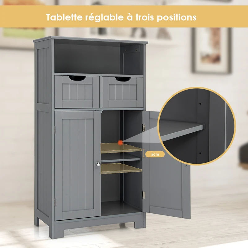 Costway - Armoire salle de bain, Armoire WC, Meuble Rangement salle de bain, Meuble de Salle de Bain, Armoire de toilette, 2 Tiroirs, 2 Portes, Gris
