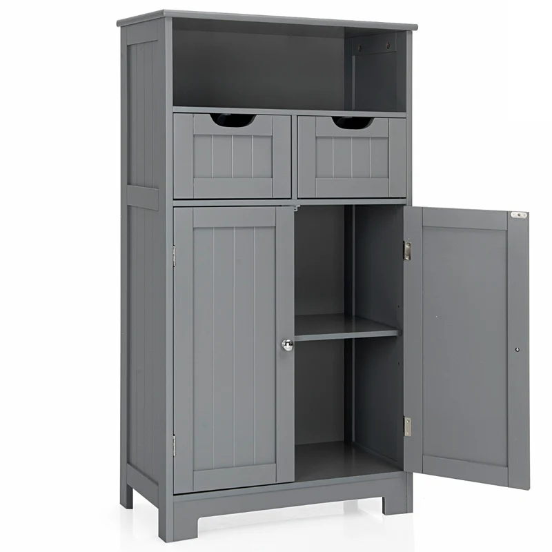 Costway - Armoire salle de bain, Armoire WC, Meuble Rangement salle de bain, Meuble de Salle de Bain, Armoire de toilette, 2 Tiroirs, 2 Portes, Gris
