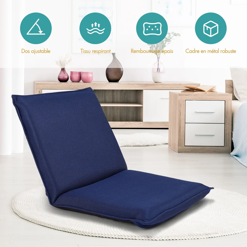 Costway - Chaise de Sol, Banquette Convertible, Pliable Tatami Inclinable en 6 Position, 44 x 54,5 x 53,5 CM, Bleu marine