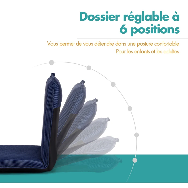 Costway - Chaise de Sol, Banquette Convertible, Pliable Tatami Inclinable en 6 Position, 44 x 54,5 x 53,5 CM, Bleu marine