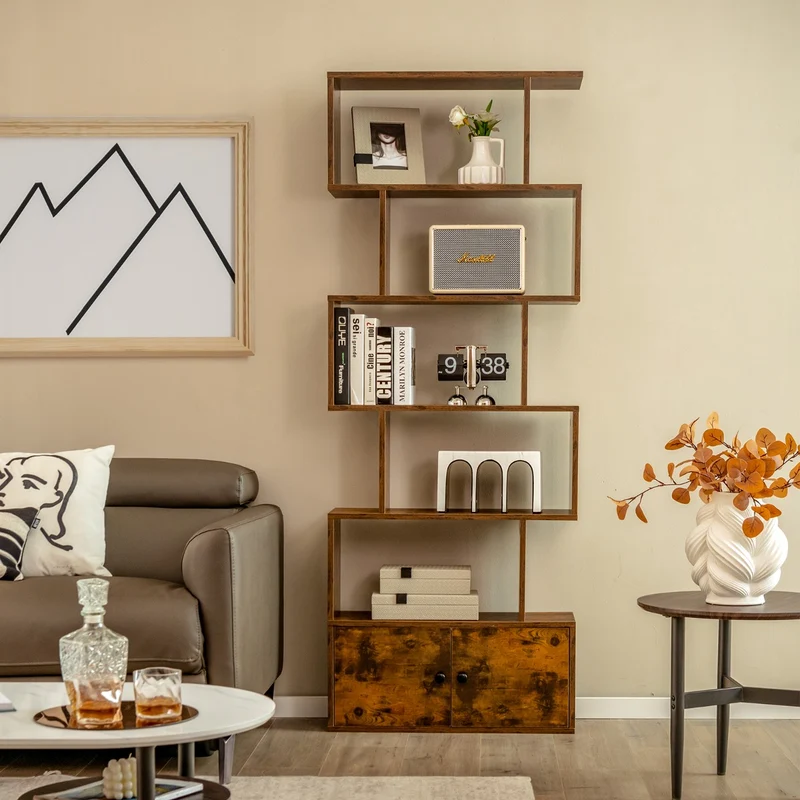 Costway - Étagère Bibliothèque, Etagere de Rangement, Etagere Colonne, Etagere Salon, Échelle en Bois à 6 niveaux avec 2 Portes, Marron Rustique
