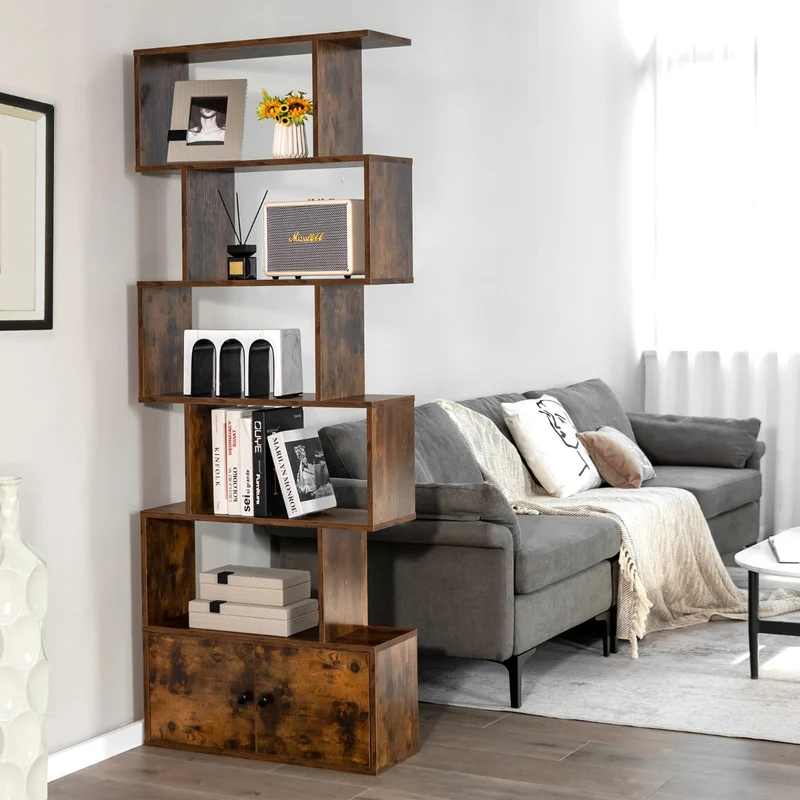 Costway - Étagère Bibliothèque, Etagere de Rangement, Etagere Colonne, Etagere Salon, Échelle en Bois à 6 niveaux avec 2 Portes, Marron Rustique