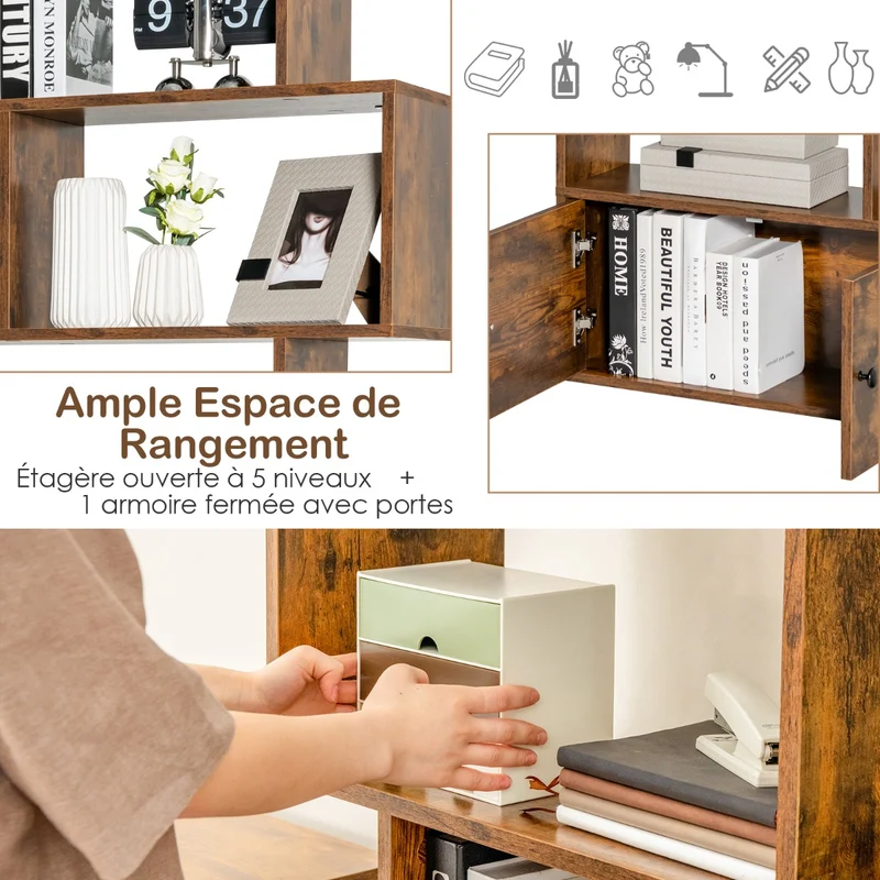 Costway - Étagère Bibliothèque, Etagere de Rangement, Etagere Colonne, Etagere Salon, Échelle en Bois à 6 niveaux avec 2 Portes, Marron Rustique