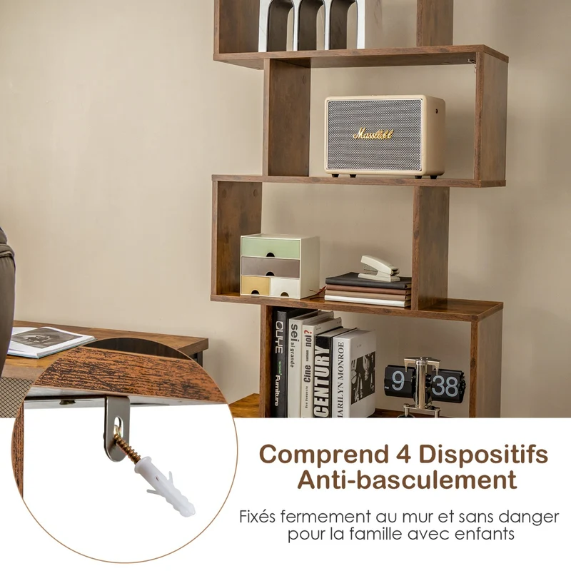 Costway - Étagère Bibliothèque, Etagere de Rangement, Etagere Colonne, Etagere Salon, Échelle en Bois à 6 niveaux avec 2 Portes, Marron Rustique