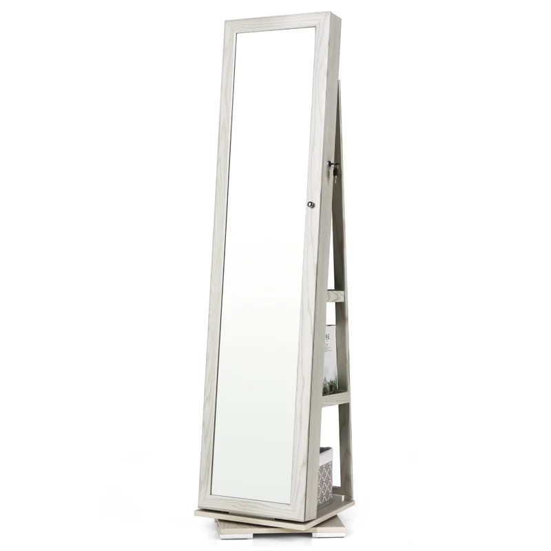 Costway - Armoire a Bijoux, Miroir Bijoux, Armoire Bijoux, Pivotante à 360 Degrés avec Grand Miroir Psyché et Etagère de Rangement à L’Arrière, Blanc