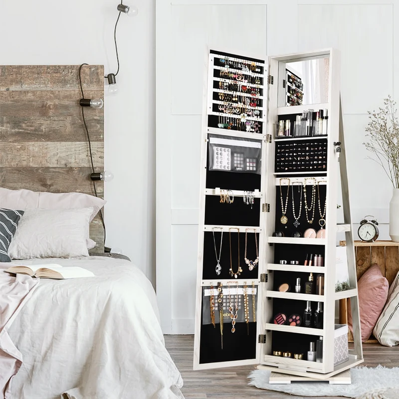 Costway - Armoire a Bijoux, Miroir Bijoux, Armoire Bijoux, Pivotante à 360 Degrés avec Grand Miroir Psyché et Etagère de Rangement à L’Arrière, Blanc