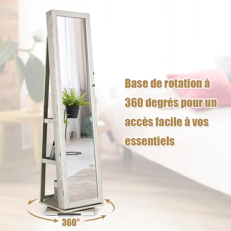 Costway - Armoire a Bijoux, Miroir Bijoux, Armoire Bijoux, Pivotante à 360 Degrés avec Grand Miroir Psyché et Etagère de Rangement à L’Arrière, Blanc