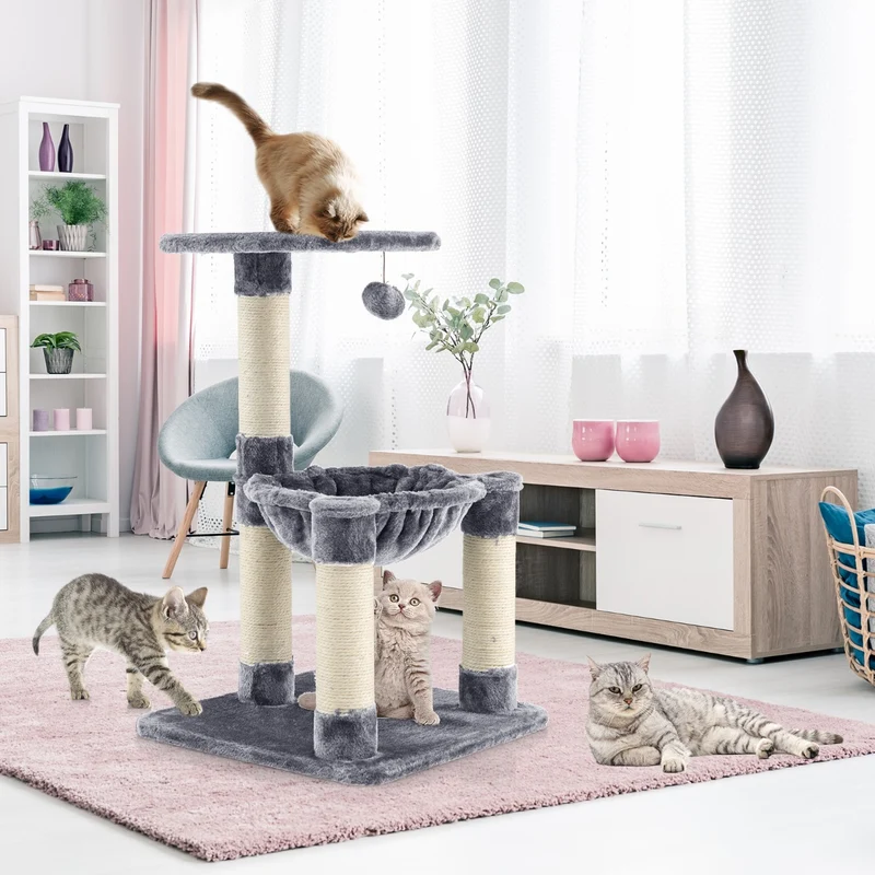 Costway - Arbre à Chat, Griffoir Chat, avec Griffoir de Sisal, Hamac Confortable, Balle Suspendue à Jouer Grande Plate-forme, 40x40x64cm, Gris